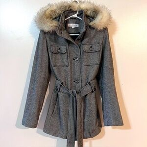 Liz Claiborne Grey Belted Peacoat with Detachable Hood. Wool Blend
